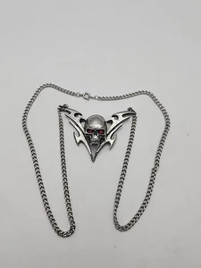 Silver Tone Metal Tribal Skull Red Eyes Pendant Necklace Metal Punk Rock N Roll - Picture 1 of 6