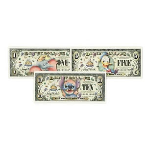 Set of 3 diff. Disney paper money $1, $5, $10 2005 50th Anniversary Au-Unc. - Picture 1 of 2