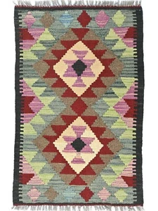 2X3 ft Small Hand-Woven Kilim Oriental Rug Reversible Multicolored Carpet - Picture 1 of 12