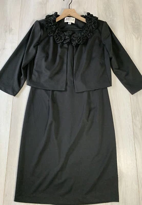 Julian Taylor Negro Elástico Tejido Volantes Chaqueta y Vaina Vestido Conjunto Traje Talla 8 Foto 1 de 4