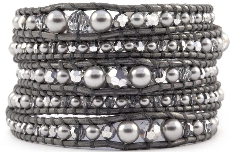 Nuevo Brazalete Chan Luu Graduado Gris Claro Mezcla Perla Envolvente en Cuero Gris Foto 1 de 1