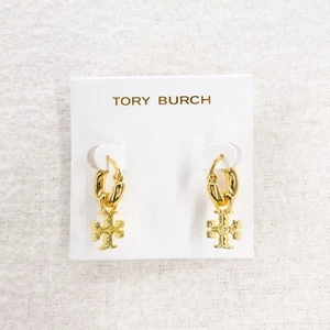 Tory Burch Kira Logo Drop Huggie Hoop Earrings Gold OS - Imagen 1 de 12