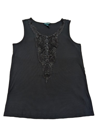 LAUREN RALPH LAUREN Ralph Lauren Black Tank Top Size 1X Embroidery Women's