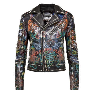 Chaqueta de cuero con tatuaje de motociclista Philipp Plein talla S Foto 1 de 4