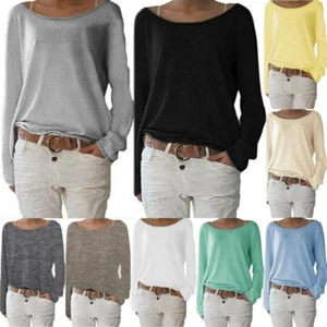 Womens Solid Long Sleeve Casual T-Shirt Ladies Loose Basic Tee Shirt Blouse Tops - Picture 1 of 22