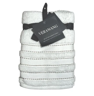VERA WANG Set of 2 Fingertip Hand Towels 12 in X 18 in White w/Beige Stripes - Image 1 of 4