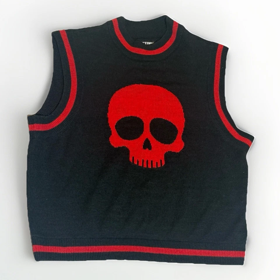 Hot Topic Negro y Rojo Rayas Calavera en Suéter Chaleco L Grande Halloween Horror Foto 1 de 4