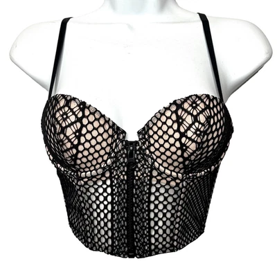 Victorias Secret Bustier Size 32B Black Beige Fishnet Lace Corset Balconet Bra S - Image 1 of 4