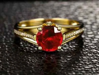 Round Lab Created 2CT Ruby Diamond Engagement Women Ring 14K Yellow Gold Plated - Image 1 of 4
