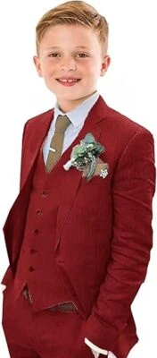 Traje de lino para niños calce ajustado 3 piezas traje de boda de playa de verano conjunto de trajes de lino para niños Foto 1 de 4