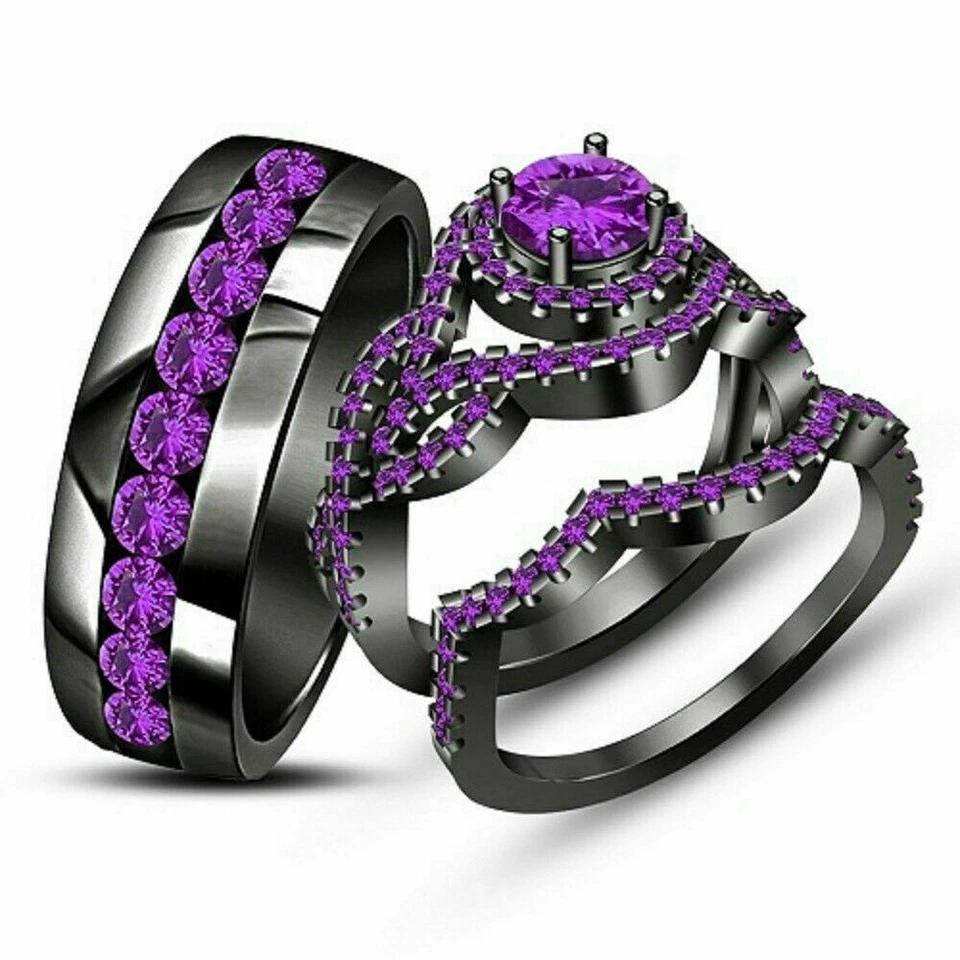 14K Black Gold Over Purple Amethyst Trio Set His Her Bridal Band Engagement Ring - Image 1 of 2