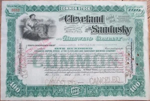 Cleveland and Sandusky Brewing Co. 1906 Stock Certificate, OH Beer Brewery Ohio - Picture 1 of 1