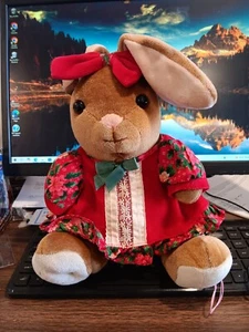 COMMONWEALTH BUNNY RABBIT BROWN STUFFED ANIMAL, 10" TALL SITS ALONE, DRESS 7 BOW - Picture 1 of 8