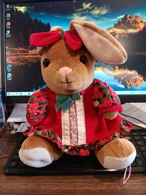 COMMONWEALTH BUNNY RABBIT BROWN STUFFED ANIMAL, 10" TALL SITS ALONE, DRESS 7 BOW - Image 1 of 4