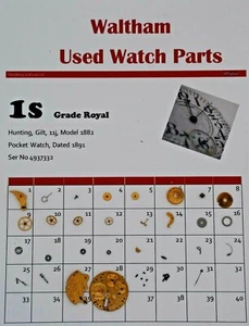 Waltham 1 s, Piezas Reloj Bolsillo, Modelo 1882, Grado Real, Ser 4937332, WP9/001 - Imagen 1 de 1