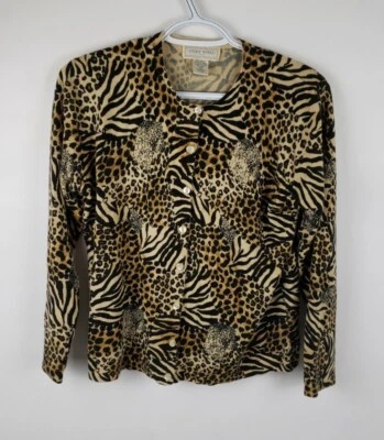 Studio Works Cardigan Button Up Big Cat Print Long Sleeve Womens Size Petite M - Image 1 of 4
