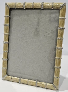Vtg 5x7 Picture Frame Enameled Beige Bamboo w/Rhinestones Table Top Easel Back - Picture 1 of 12