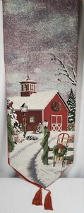 Rare Vtg Tapestry Christmas Country Barn Table Runner w/Tassels 70.5"x 12.5" - Picture 1 of 8