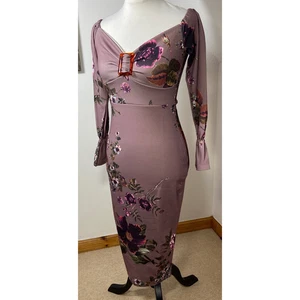 Vestido ceñido al cuerpo Lustre Minoti púrpura talla 10 floral elástico fruncido manga larga - Imagen 1 de 7