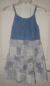 OSHKOSH Girls Sz 12 Denim & Patchwork Floral Cotton Tiered Sleeveless Sun Dress - Picture 1 of 5