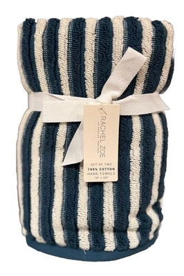 Rachel Zoe Hand Towels 2 Piece Midnight Blue Stripe & Solid Blue Cotton New - Image 1 of 4