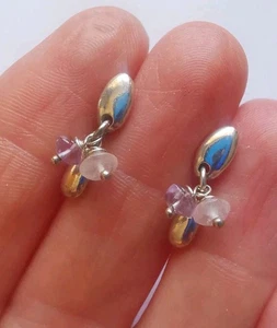 Sterling Silver Rose Quartz And Amethyst Dangle Earrings . R99 - Photo 1/2