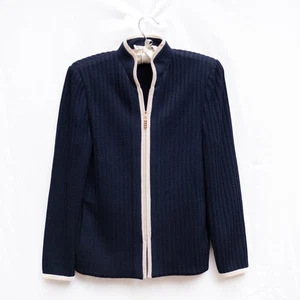 VTG St. John Santana Knit Blazer Sz 2 Blue White Trim Full Zip Cardigan USA - Picture 1 of 8