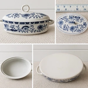 Vintage blaue Zwiebelmuster Keramik ovale Terrine mit Deckel Griffe 12" - Bild 1 von 10