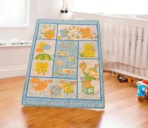 Vintage Baby Blanket Elephant Duck Lambs Handmade Nursery Quilt Blue Green 43x33 - Picture 1 of 10