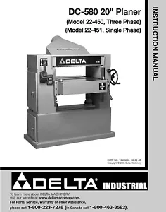 Delta 22-450 22-451 DC580 20" Planer Instructions Manual - Picture 1 of 1