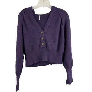Free People Nubby Hoodie Knit Crop Sweater Size Small Long Sleeve Purple Buttons - Picture 1 of 3