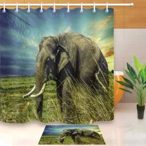 Revestimiento de cortina de ducha de poliéster impermeable para baño de elefante de hierba resistente al agua - Imagen 1 de 8