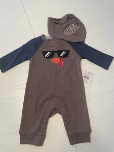 NWT Thanksgiving Turkey Baby Boy Romper & Bib Sz 0-3M Turkey Face Tail Gobble Br - Picture 1 of 6
