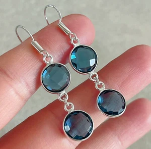 NATÜRLICHE RUNDE BLAUE TANSANIT 925 STERLINGSILBER OHRHÄNGER HAKEN 1,75" - Bild 1 von 4