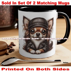 DigiPups Chihuahua Long Haired Dog Biker Leather Cartoon Coffee Cup 2 Mug Set - Picture 1 of 3