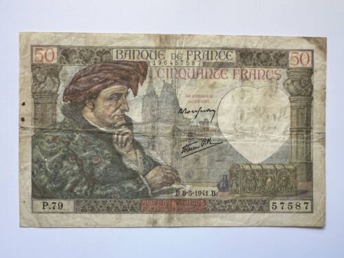 France 50 Francs 1941 50F French Paper Money Banknote Note World War Ww2 Wwii