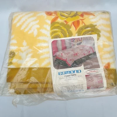 Vintage Chatham Esmond Polyester Blanket 72x90 Yellow Rose Fern Satin Trim New - Image 1 of 4