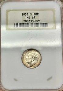 Toned 1951-S Roosevelt Dime NGC MS67  - Picture 1 of 2