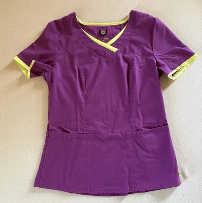 Urbane Sport Women’s Scrub Top XSM Purple with Lime Trim V-Neck Medical Uniform - Image 1 of 4