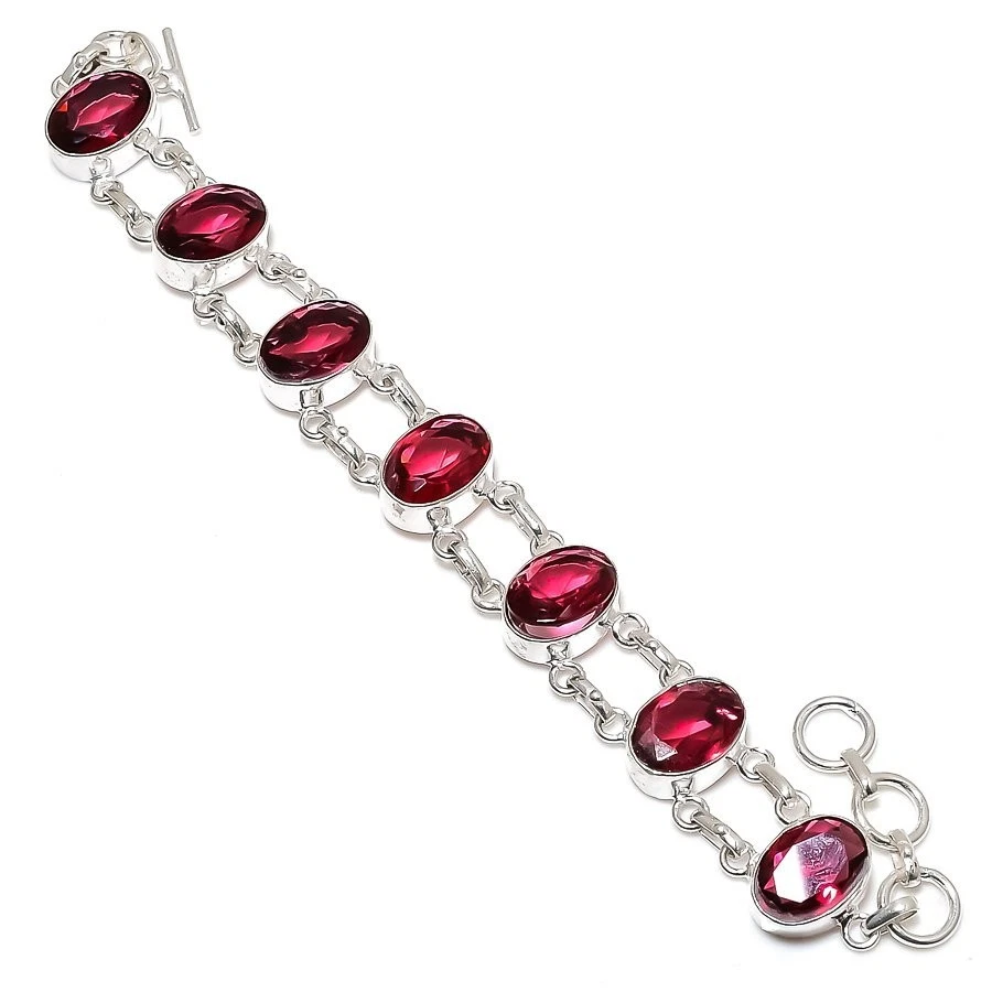 Pink Rubellite Gemstone Handmade 925 Sterling Silver Bracelet Size 7-8" - Image 1 of 1