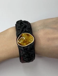 Baltic Amber Stone LEATHER Bracelet.HANDMADE Leather Bracelet with Amber stone. - Picture 1 of 9