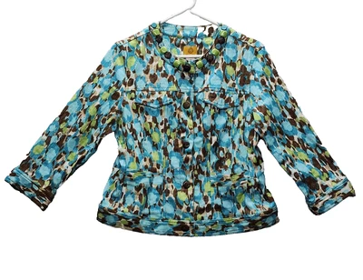 Ruby Rd. Size 10 Jacket Blouse Button Front Unlined Blue Brown Green Abstract Be - Image 1 of 4