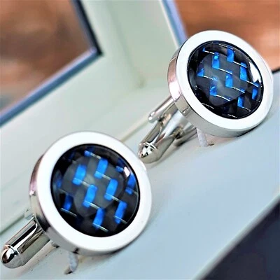 Geoffrey Beene Mens Silver Tone Cufflinks Dress Shirt Cuffs Blue Gunmetal Weave - Image 1 of 4