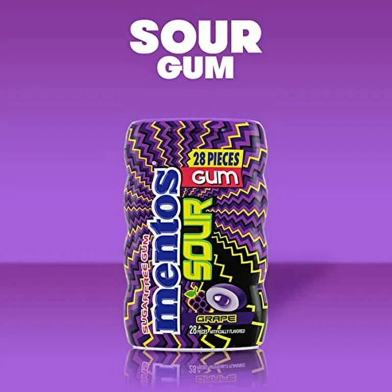 Pacote com 6 gomas de mascar Mentos Sour uva sem açúcar 28 peças garrafa 07/2025 - Imagem 1 de 1