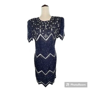 Vintage Laurence Kazar dunkelblau Seide Pailletten Abendkleid Small Petite Dress - Bild 1 von 13