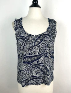J Crew Cotton Ruffle Strap Paisley Print Tank Top SMALL Navy White Scoop Neck - Picture 1 of 13