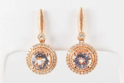 Solid 14K Rose Gold Genuine Morganite & Diamond 2.16 ctw Drop Dangle Earrings - Image 1 of 4