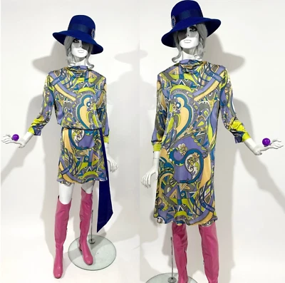 Винтажный 1960-х психоделический мод Slinky мини-платье / драпированный воротник-капот - Изображение 1 из 4