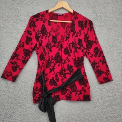 Cárdigan de cachemir Magaschoni para mujer XS rojo negro floral cuello en V cinturón manga larga Foto 1 de 4