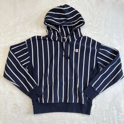 Champion Reverse Weave Blue Heavy Pullover Hoodie Striped Youth Size L - Image 1 of 4